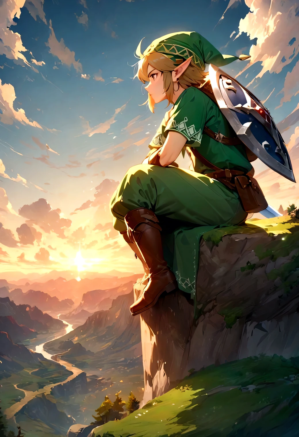 masterpiece, best quality, very aesthetic, absurdres, 
link\(the legend of zelda\), Elf, green hat, green clothes, intricate detailed link shield, link sword, 

Profile of Link, carrying a shield on his back, looking at the spectacular view from the top of a high cliff, from diagonally behind