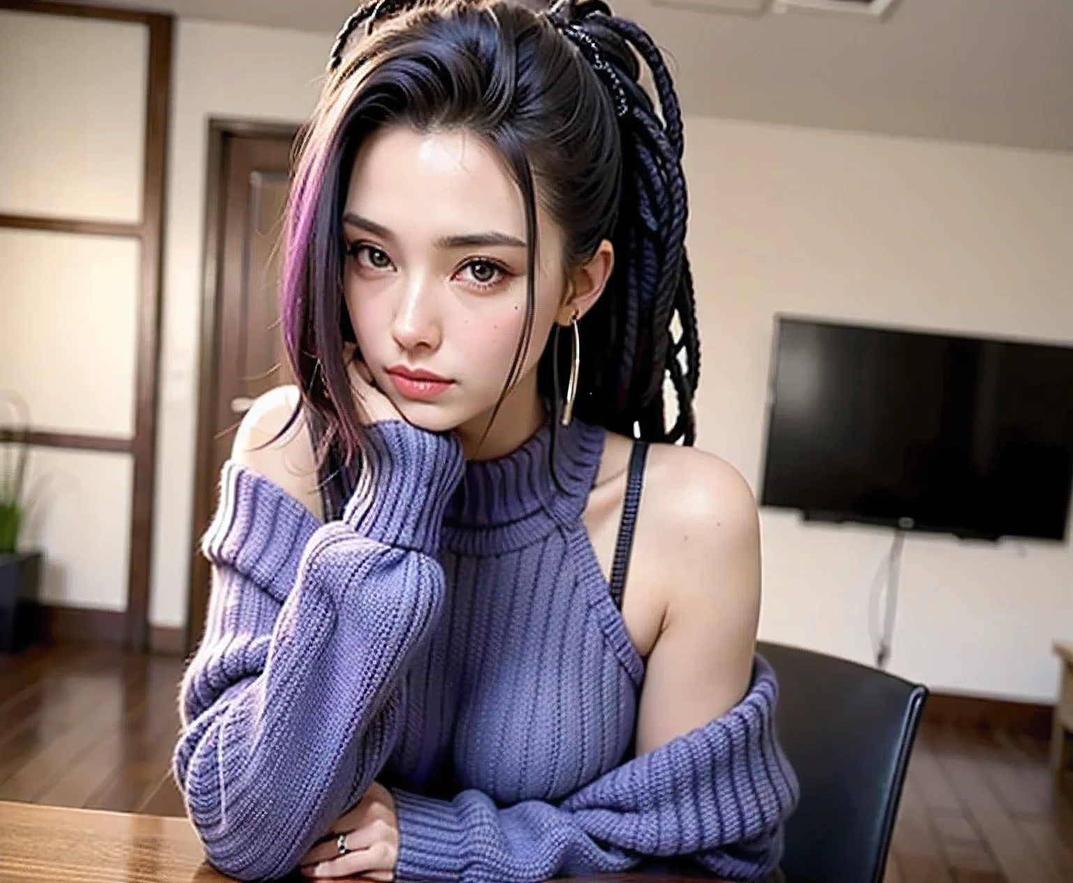 ((best quality)), ((masterpiece)), (detailed), 1girl, off-shoulder sweater, long messy wild black and purple dreads.