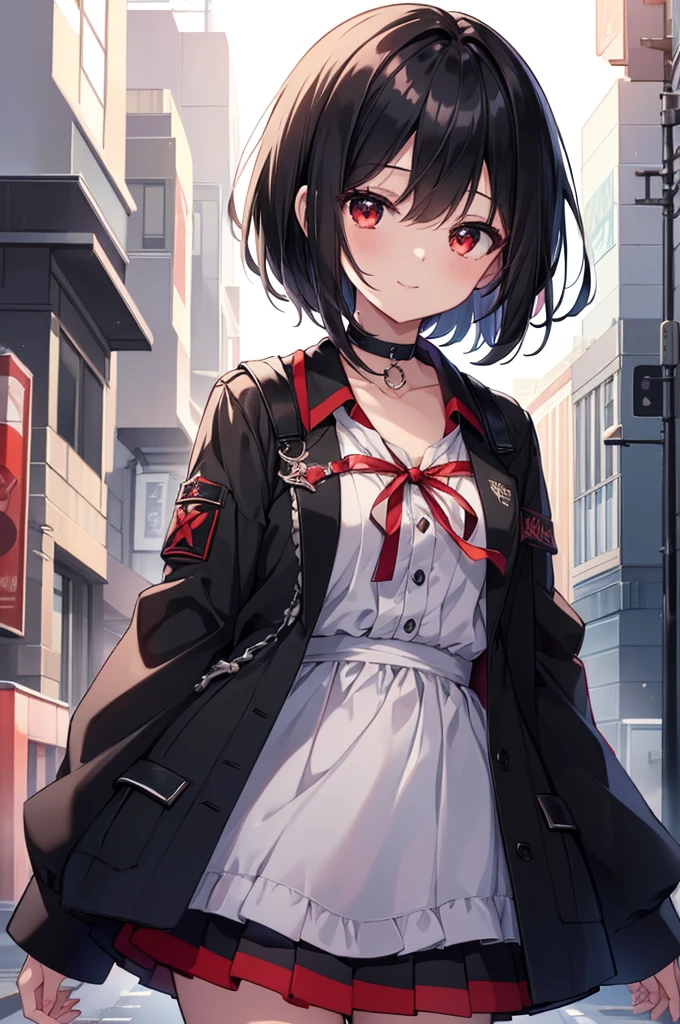 (masterpiece, highest quality, highest quality, (No text), Beautiful and aesthetic:1.2),No text,アニメ、BREAK,One Girl，Black Hair Girl　short hair　older sister　choker　Tree Eyes　Beautiful eyes　Red eyes　cool　smile　Red and Black　Black jacket　mini skirt　whole body　In town