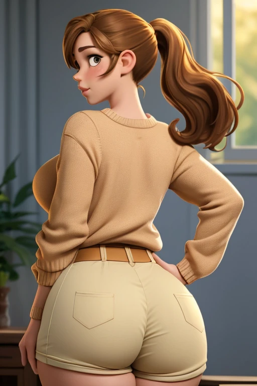 (from behind:1.1), golden hour, soft lighting, natural lighting,
light_brown_hair, loose ponytail, fair skin, (freckles:0.9),
1girl, young woman, as a cartoon character, sexy, alluring, seductive,
large breasts, slim waist, wide hips, thick thighs, curvy, hourglass figure BREAK
Ass Focus,
wearing cardigan and a-line shorts,
Standing with one hand on the waist looking sideways,