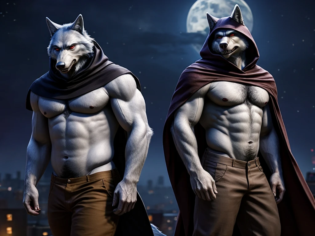 Death is a anthropomorphic silvery-white wolf with an elongated snout, gray mask-like markings on his face, sharp teeth, and glaring sinister red eyes, who has a well-built body, He wears a black cloak with a built-in hood, and brown trousers under the cloak, He also has brownish-gray wraps around his wrists and calves, and carries a pair of razor-sharp sickles, anthro wolf, male, adult, grey fur, buffed body, sexy, beefy body, furred body, beautiful, furry chest hair, realistic, full body, photorealistic, ultra realistic, 8k, night, bare-chested, in back turned posing, sexy butt, show his ass