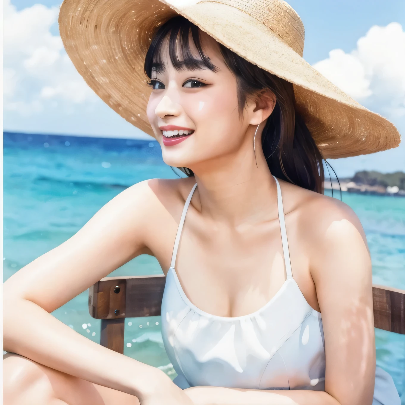 (Highest quality、Tabletop、8K、Best image quality)、suzu hirose, Suzu Hirose、Black Bikini、blue sky、White thundercloud、Wearing a straw hat、Watching the viewer and laughing、Droopy eyes、Natural Makeup、Ultra-high definition beauty face、Ultra HD Hair、Ultra-high definition sparkling eyes、Ultra High Resolution Perfect Teeth、Ultra-high definition, lustrous, beautiful skin、Ultra-high quality glossy lips、Accurate anatomy、Watercolor、