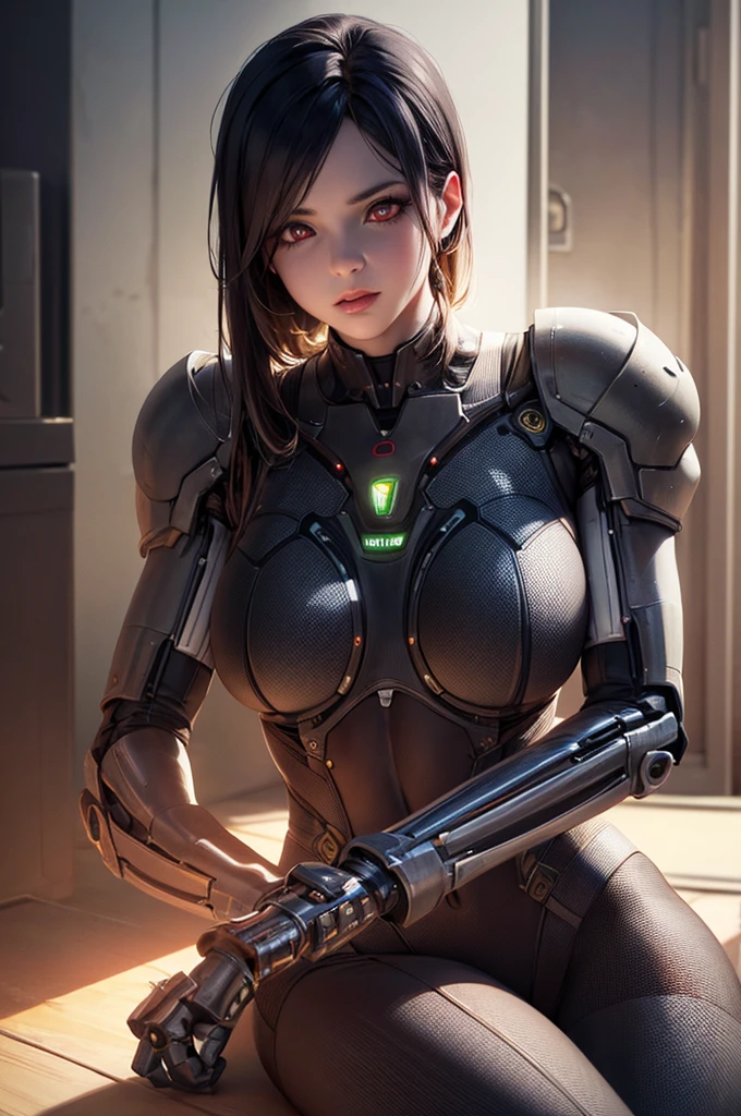 1. Machine Girl,((Ultra-Realistic Details)), Portraiture, Global Illumination, Shadow, Octane Rendering, 8K, Ultra Sharp,Metal,Complex, Decorations detailed, Cool colors, More about Egypt, highly Complex details, Realistic Light, Trending on CGSociety, Glowing Eyes, To the camera, Neon Details, Mechanical limbs,,Sitting,