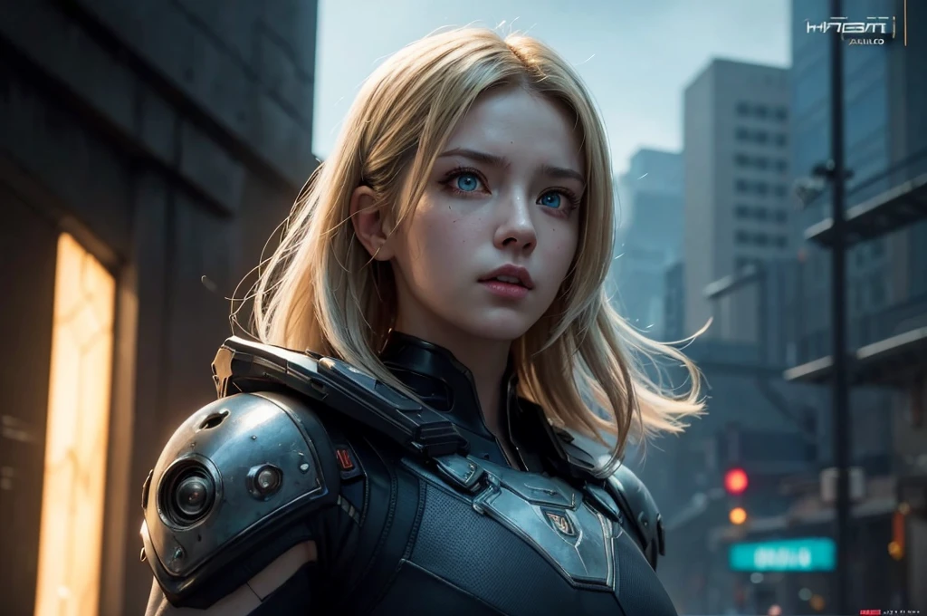 Cyberpunk world war 3, cinematic composition, a fantasy digital painting by Greg Rutkowski and James gurney, trending on art station, highly detailed, hyper realistic, realistic, photorealistic, dynamic lighting, highly detailed, cinematic landscape, studio landscape, studio lighting, 1 young cute girl, Idol face, (beautiful detailed eyes:1.5), short wavy blond hair, combat suit, upper body,