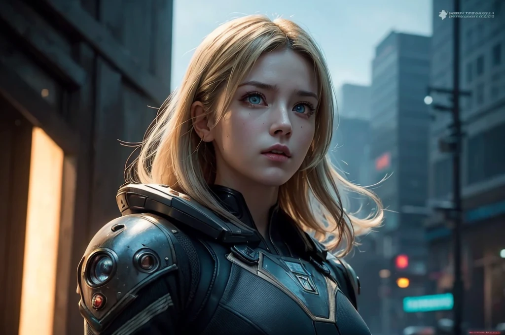 Cyberpunk world war 3, cinematic composition, a fantasy digital painting by Greg Rutkowski and James gurney, trending on art station, highly detailed, hyper realistic, realistic, photorealistic, dynamic lighting, highly detailed, cinematic landscape, studio landscape, studio lighting, 1 young cute girl, Idol face, (beautiful detailed eyes:1.5), short wavy blond hair, combat suit, upper body,