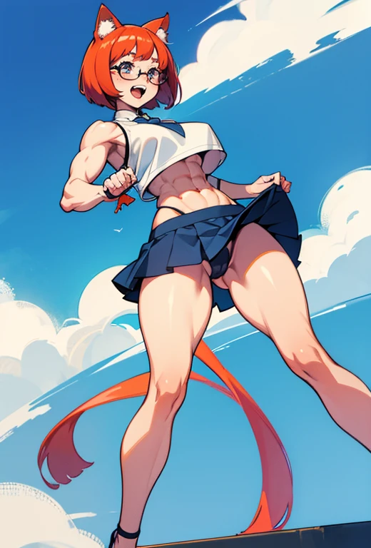 exited, smile, scream, Open mouth, young girl, Pullover, whole body to see, bob cut bangs hair, very wide hips, very huge thighs, very big thighs, fullbody, platform heels, pale skin, very Big breast, summer, colorfull, firm breast, redhead, thin waist, sleeveless, blue mini bikini, school skirt, neko girl, cat ears, cat tail, muscular girl, fit girl, abs, standing, front pose freckled skin, body freckles, glasses,