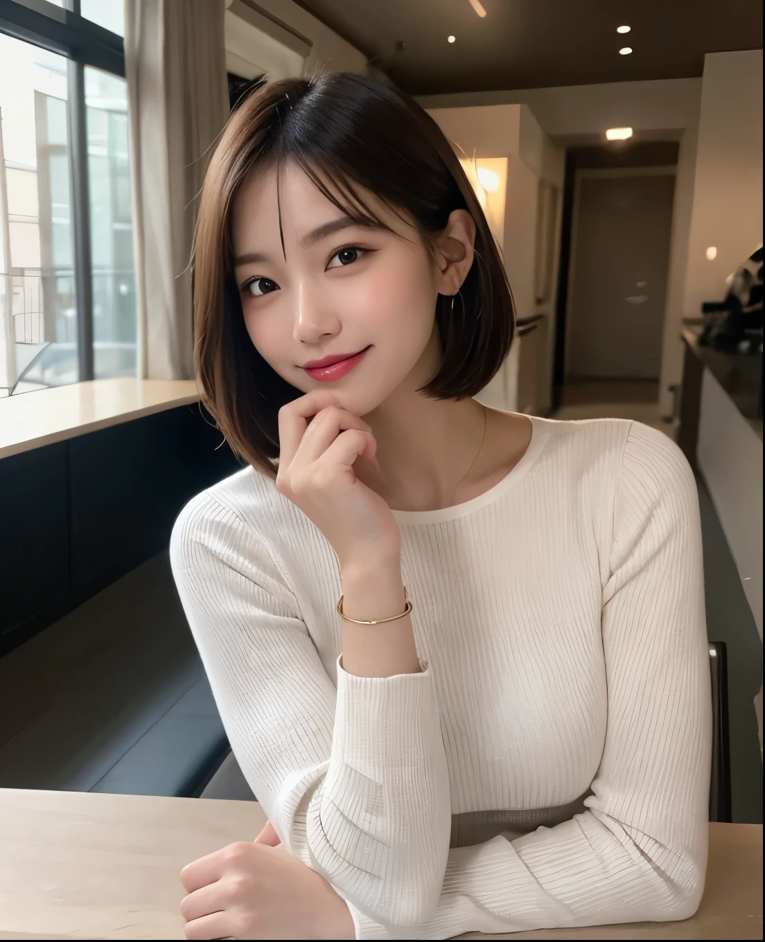 Tabletop, Highest quality, Super detailed, In detail, High resolution, 8k wallpaper, Perfect dynamic composition, Beautiful attention to detail,Short Bob Hair,Small breasts 、Neat, large clothes、Natural color lip, Bold sexy pose,smile,20-year-old girl、cute、sexy shot looking at camera、High angle、tongue、teeth、Curvy but slim、bracelet、Wink、Natural Cheek、Natural Makeup、Paris Fashion Week、actor、