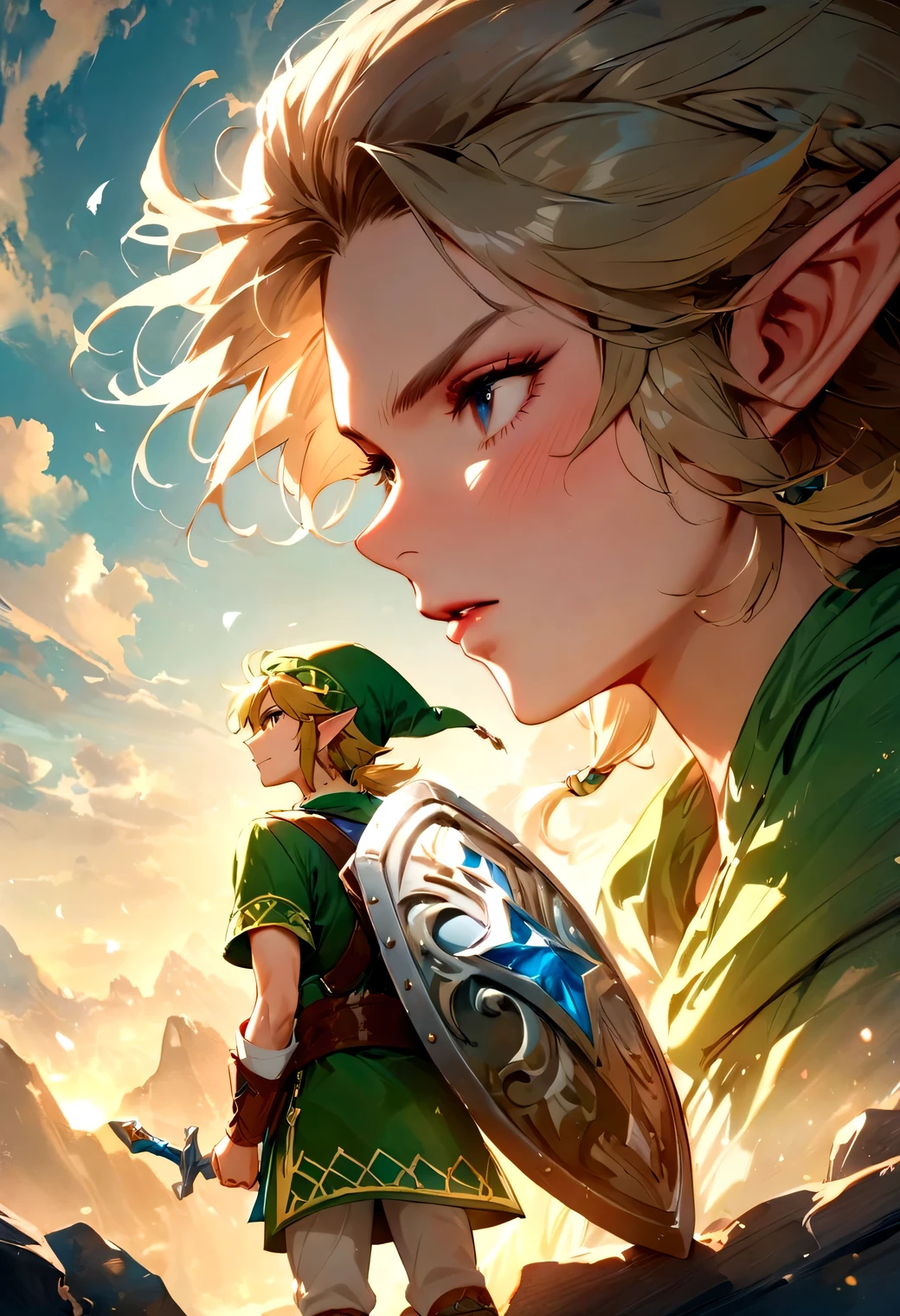 masterpiece, best quality, very aesthetic, absurdres, 
link\(the legend of zelda\), Elf, green hat, green clothes, intricate detailed link shield, link sword, 

Profile of Link, carrying a shield on his back, looking at the spectacular view from the top of a high cliff, from diagonally behind