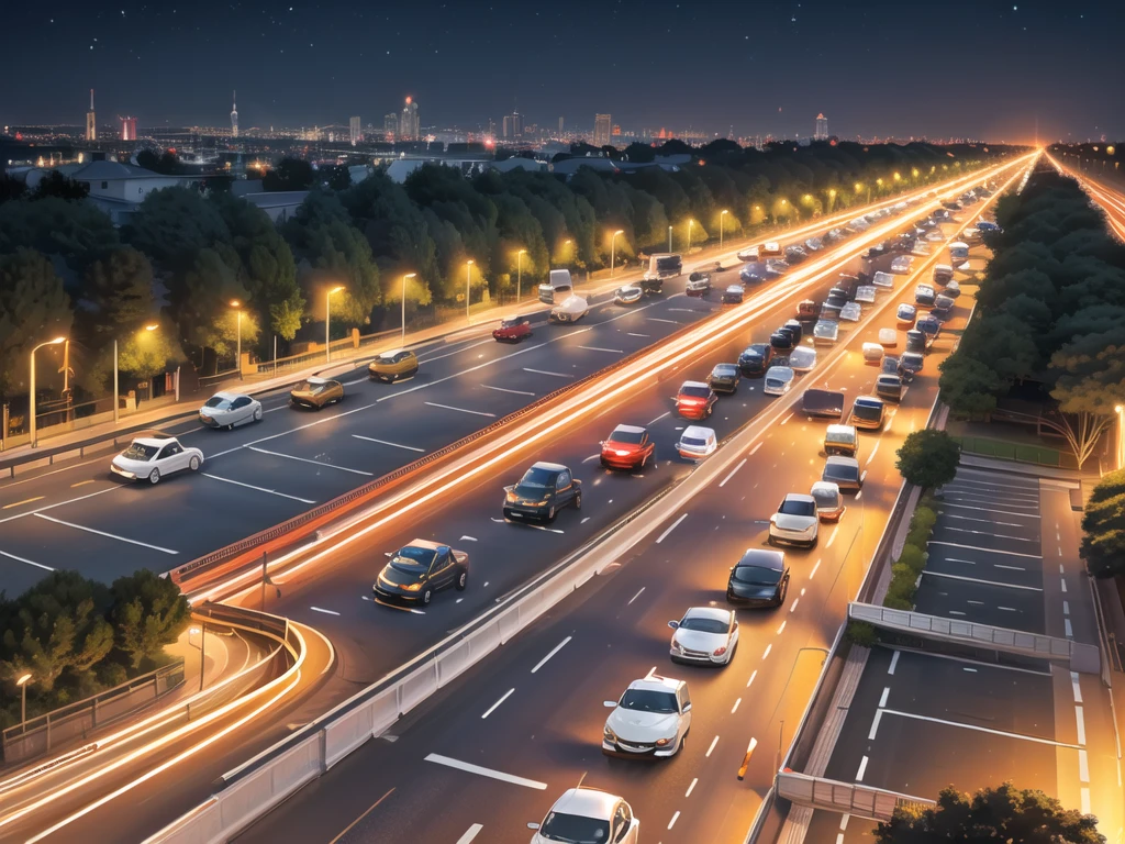 (Traffic jams, lots of cars, traffic jams. :1.2),road ,(รถวิ่งบนroad:1.2) capital landscape:1.5 ,(Many cars:1.2) ,nighttime