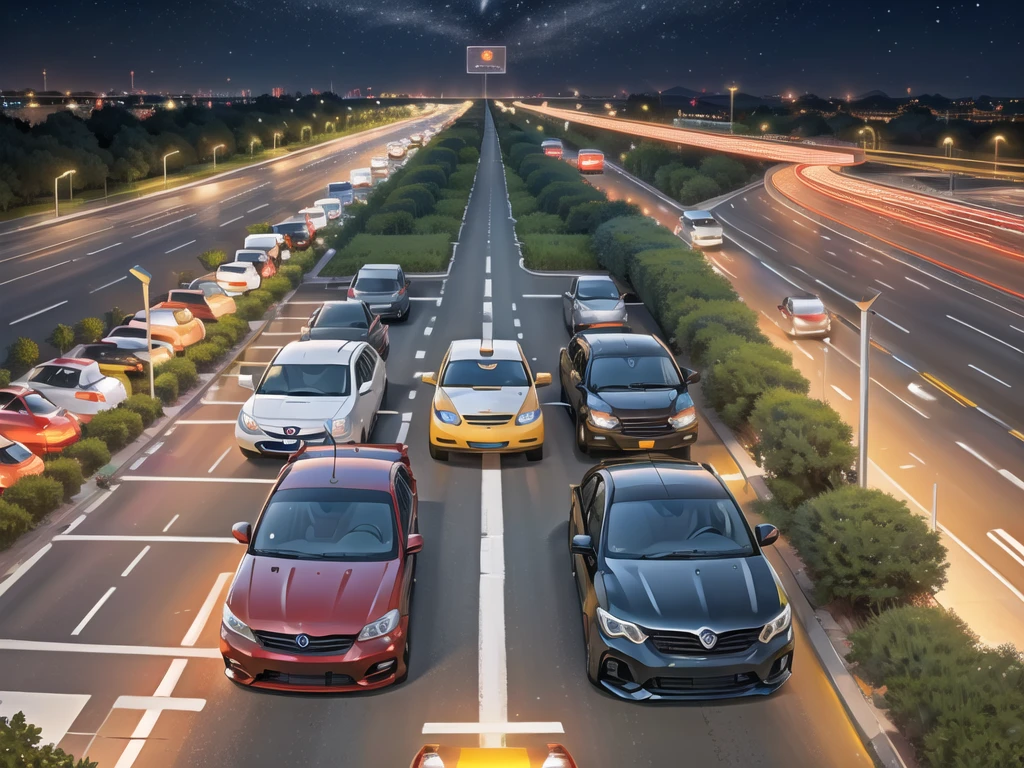 (Traffic jams, lots of cars, traffic jams. :1.2),road ,(รถวิ่งบนroad:1.2) capital landscape:1.5 ,(Many cars:1.2) ,nighttime