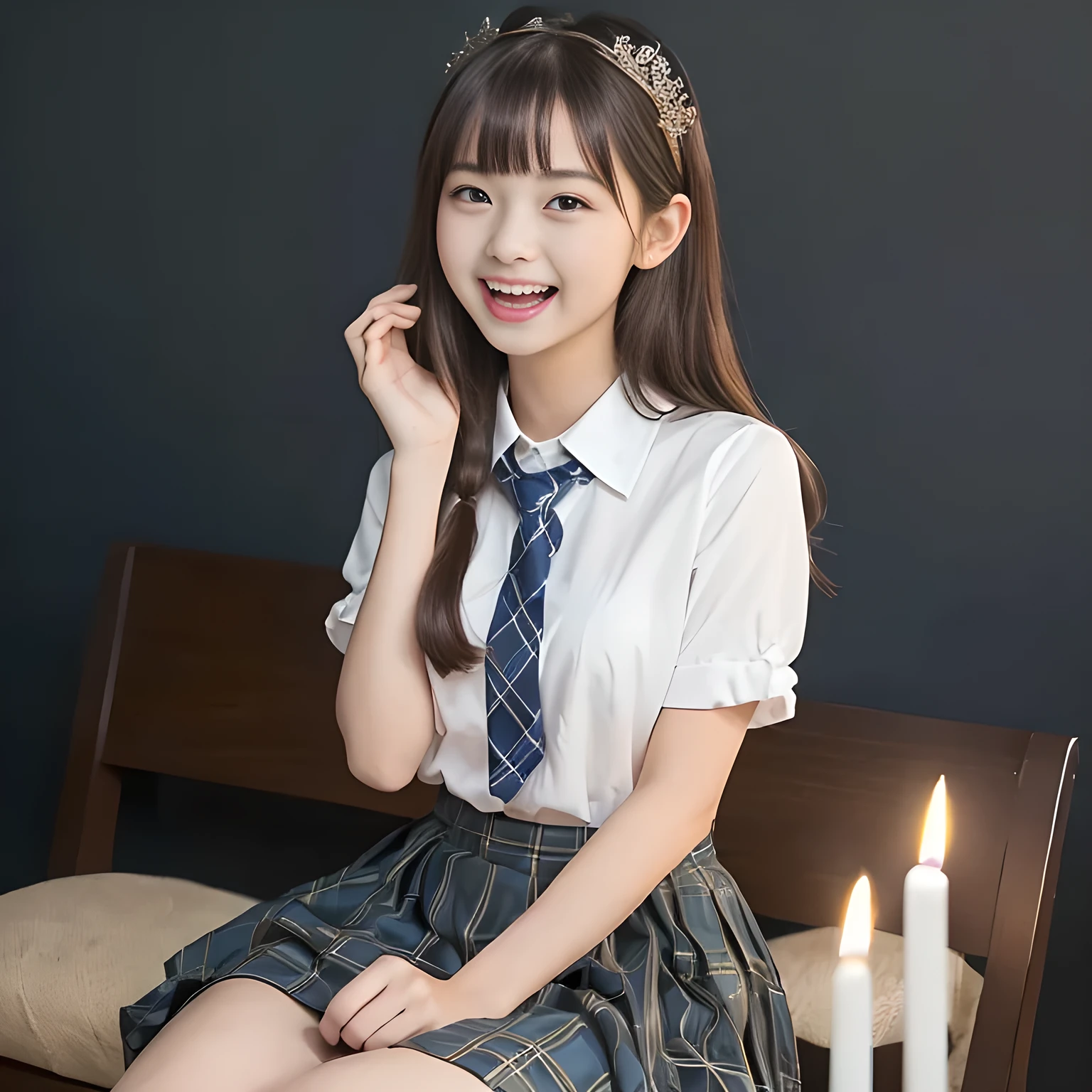 (highest quality, masterpiece:1.2), highest quality, High resolution, 1080P, 8K, Height: 158cm, ((A noble and intelligent girl like Japanese cute girly lady is hypnotizing and giggling, A very sweet, very noble, pretty and neat Japanese beautiful cute girl. Realistic very girly sweet cute noble girl like a princess is seated in many evil candles)), ((Completely black room with candles)), ((((, popular Japanese cute fashion model)))), ((((Extremely pure white face and hands and legs)))), Glossy lips, (Evenly cut bangs), ((Very beautifully laughing brown drooping gooey cute neat noble eyes)), ((straight black very very long straight hair)), Very lustrous, glossy lips, Open hand over open mouth, Beautiful straight hair like a hair model, Watching the viewer and laughing, ((Incredibly well organized, The expression is rich. plump and beautiful white skin and face)), ((Pure and clear sweetly smiling eyes)), ((smiling at me)), Glossy Lips, ((noble and neat)), ((Like a succubus is fascinating with magic and giggling)), ((((A succubus is fascinating and calling to the deeper place forever)))), Extremely beautiful blue skirt, ((highly up-curved lips)), ((looking at the viewer directly)), white hands, ((Navy and sapphire blue Japanese school uniform tartan checkered pleated long skirt, Blue string ribbon tie)), ((((An ecstatic face expression of boundless joy)))), ((black background))