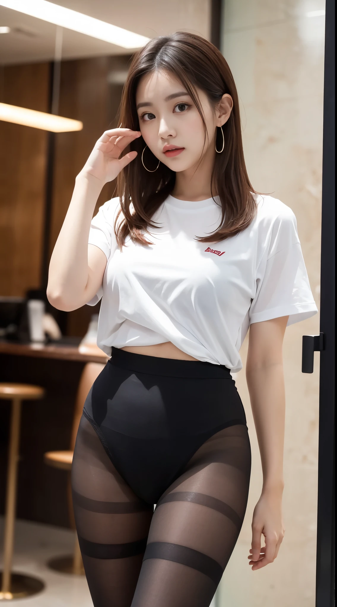 ulzzang-6500-v1.1, (Raw photo:1.2), (Photorealistic), (Ultra-realistic pantyhose:1.3), (Genuine:1.4), ((Full Body Shot:1.1))、Pause,One girl,Very beautiful face,cute,(small),(Hands down))),Poggy Hairstyle,Random representation,(White T-shirt),ＪＫ_style,(Track Shorts) ,Black Hair,(19 years old),moderate,Five Fingers,Normal hand,small Mouth,Straight hair, Huge file sizes, High resolution, Very detailed, Highest quality, [masterpiece:1.6], An illustration, Very detailed, Ticker, Fine details, Highest quality, 8k wallpaper, Cinema Lighting, cuteたれ目美しい大きな目, ((masterpiece)), Best Quality, 1 Girl, Eyeshadow, Realistic skin texture、Shiny skin、Bare thighs!!! , Makeup、
