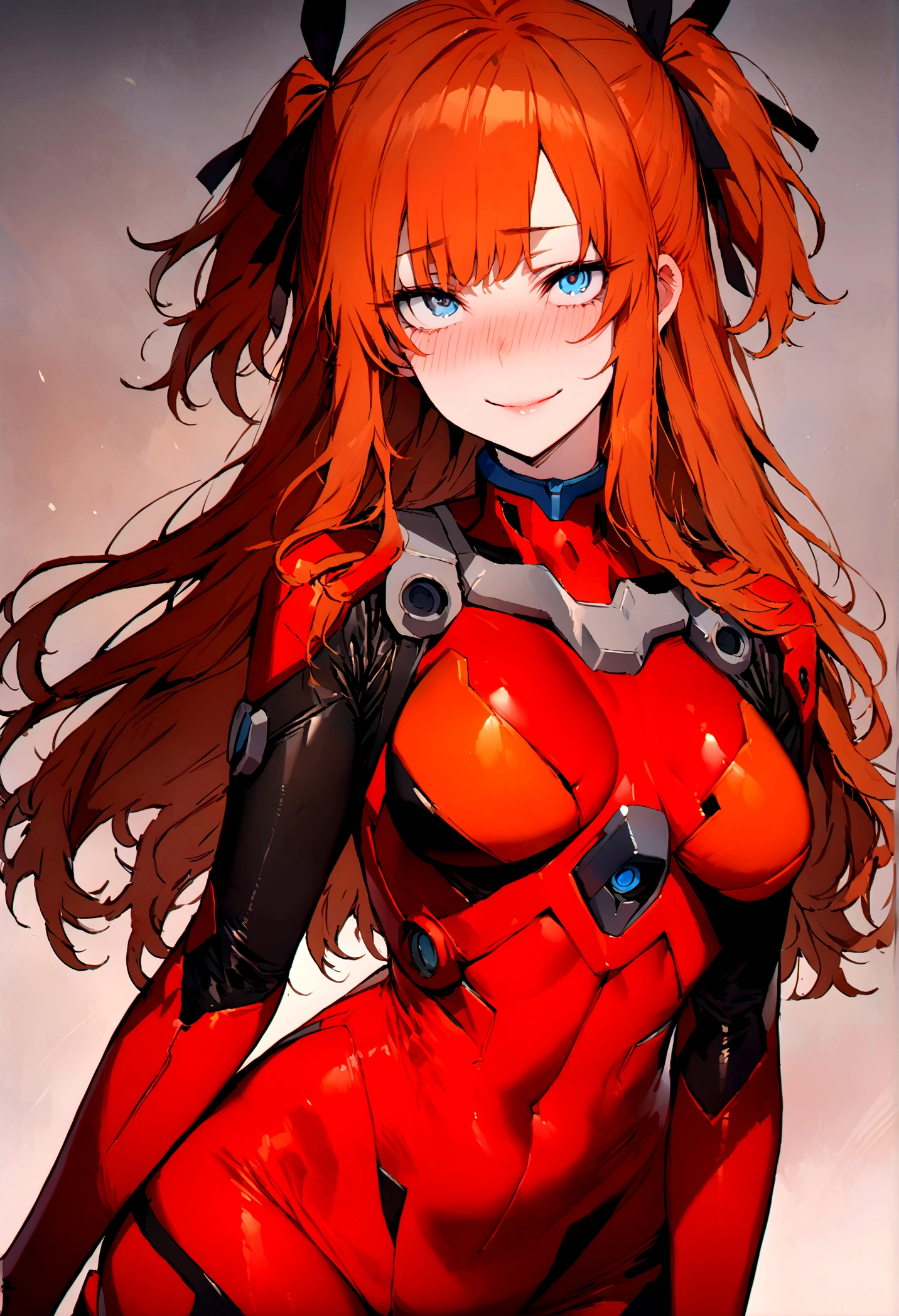 (masterpiece), best quality, expressive eyes, perfect face, 1girl, solo, blue eyes, dark orange Hair, Loose hair, hair ribbon, long hair, black ribbon, sidelocks, bangs two side up, smile, black and red skin-tight battle suit, slim figure, looking at viewer