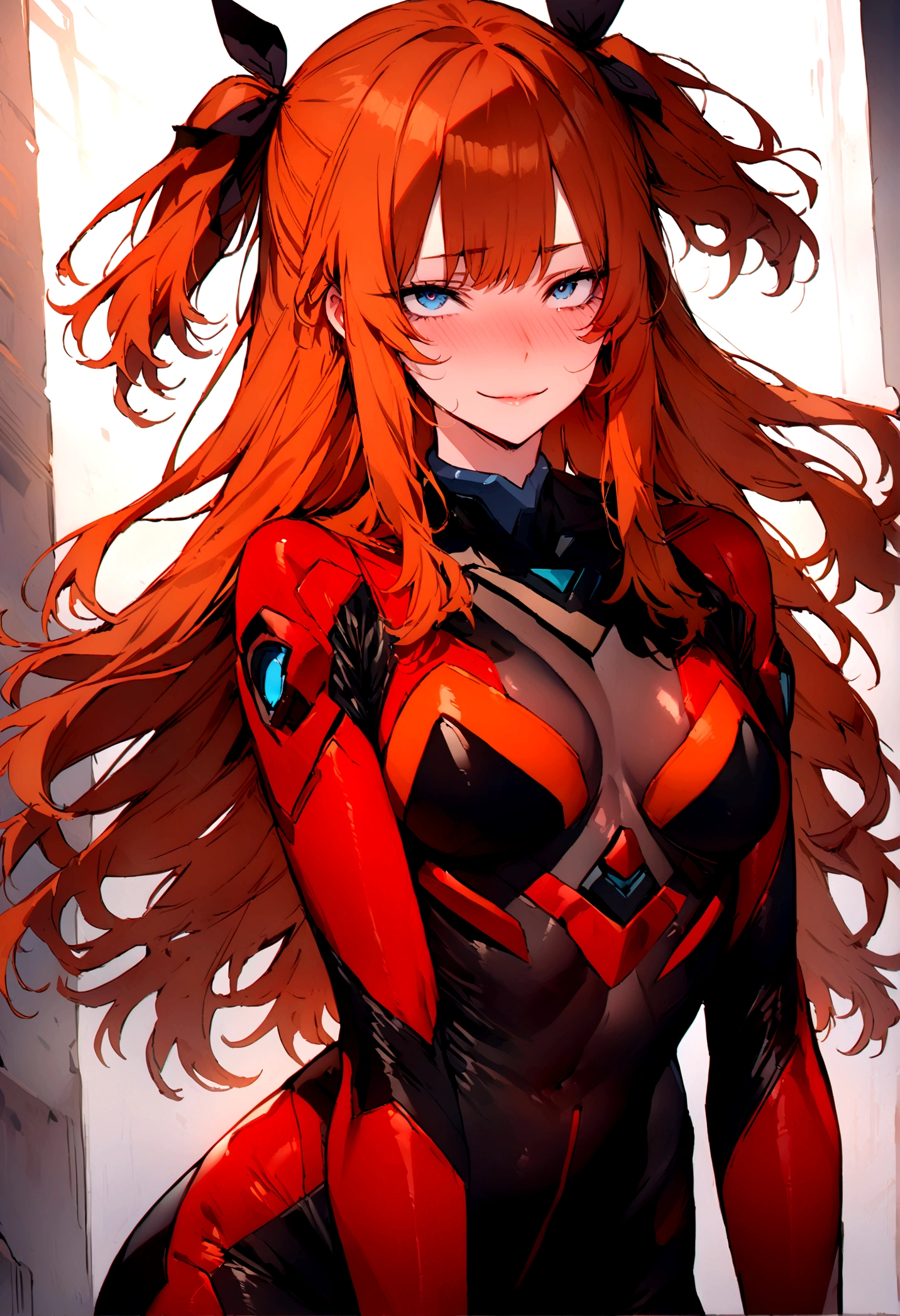 (masterpiece), best quality, expressive eyes, perfect face, 1girl, solo, blue eyes, dark orange Hair, Loose hair, hair ribbon, long hair, black ribbon, sidelocks, bangs two side up, smile, black and red skin-tight battle suit, slim figure, looking at viewer