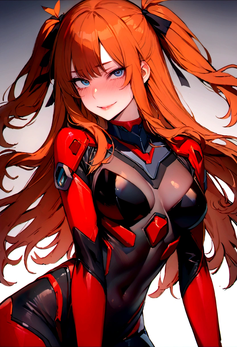 (masterpiece), best quality, expressive eyes, perfect face, 1girl, solo, blue eyes, dark orange Hair, Loose hair, hair ribbon, long hair, black ribbon, sidelocks, bangs two side up, smile, black and red skin-tight battle suit, slim figure, looking at viewer