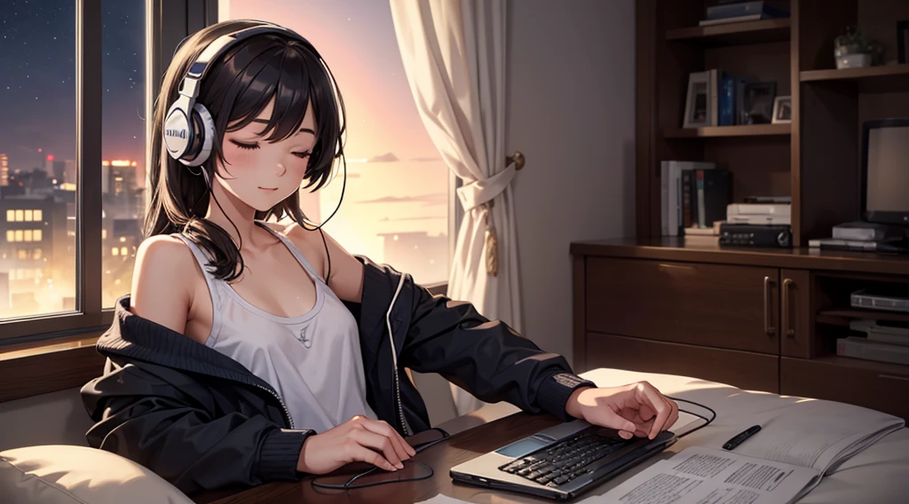 Girl with headphones enjoying music in a home　I am studying　Emphasize a little bit of the big chest　Looking towards me with eyes closed　Night Background