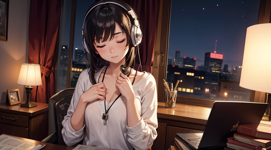 Girl with headphones enjoying music in a home I am studying Emphasize a little bit of the big chest Looking towards me with eyes closed Night Background