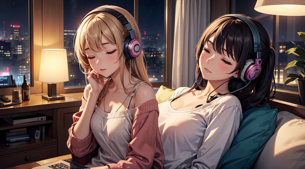 Girl with headphones enjoying music in a home　I am studying　Emphasize a little bit of the big chest　Looking towards me with eyes closed　Night Background