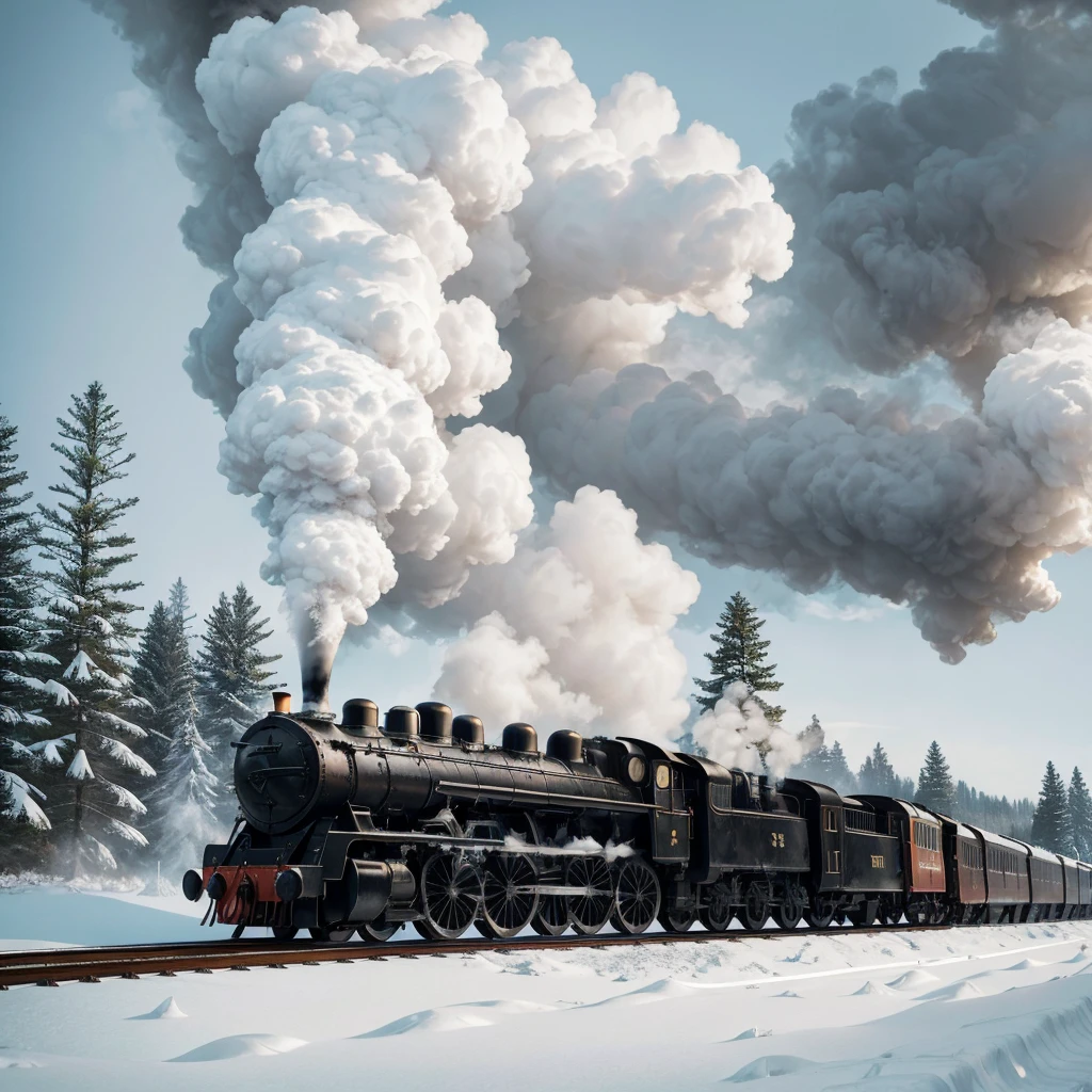 A black and white steam locomotive chugs through a snow-covered forest, its wheels crunching against the icy tracks. The train's white plume of smoke billows into the air, contrasting with the dark trees that line the tracks. The snow-covered landscape stretches out into the distance, a pristine winter wonderland.
