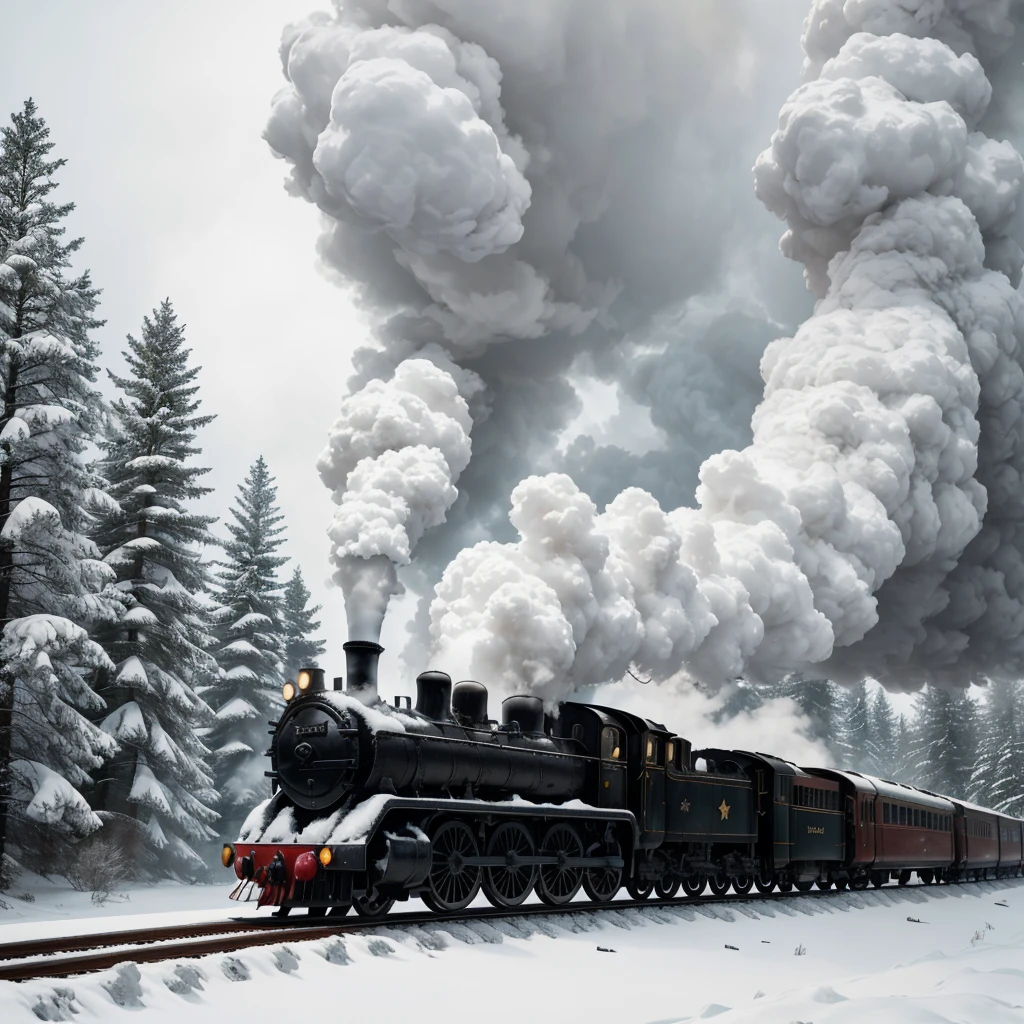 A black and white steam locomotive chugs through a snow-covered forest, its wheels crunching against the icy tracks. The train's white plume of smoke billows into the air, contrasting with the dark trees that line the tracks. The snow-covered landscape stretches out into the distance, a pristine winter wonderland.