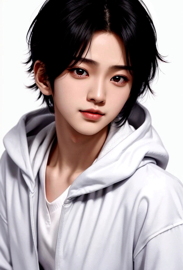 Show some teeth、Smiling man。Shiny hair quality。Perm Hair。(Fair skin),(know),Iris,(Gender: Natural Face),(Japanese),long body,handsome young asian man, Japanese idol style, short clean-cut hair, ((center part)), white lab coat, black hoodie underneath, calm confident expression, hands in lab coat pockets, plain white background, portrait, high quality, detailed, 8K, Shin Jinyoung, , Won Bin Lee, Plain white background。