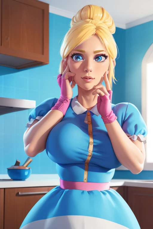 solo, a 1girl, Piper, ssmile, (colossal breasts), (hand on cheek:1.2), blonde woman, hair bun, blue dress, puffy short sleeves, partially fingerless gloves, kitchen, BREAK (Masterpiece:1.2), Best Quality, High Resolution, Unity 8k Wallpaper, (illustartion:0.8), (pretty eyes:1.6), extremely detailed face, perfect  lighting, extremely detailed CGI, (realistic fingers)