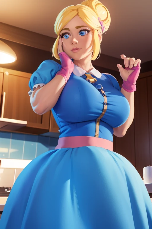 solo, a 1girl, Piper, ssmile, (colossal breasts), (hand on cheek:1.2), blonde woman, hair bun, blue dress, puffy short sleeves, partially fingerless gloves, kitchen, BREAK (Masterpiece:1.2), Best Quality, High Resolution, Unity 8k Wallpaper, (illustartion:0.8), (pretty eyes:1.6), extremely detailed face, perfect  lighting, extremely detailed CGI, (realistic fingers)