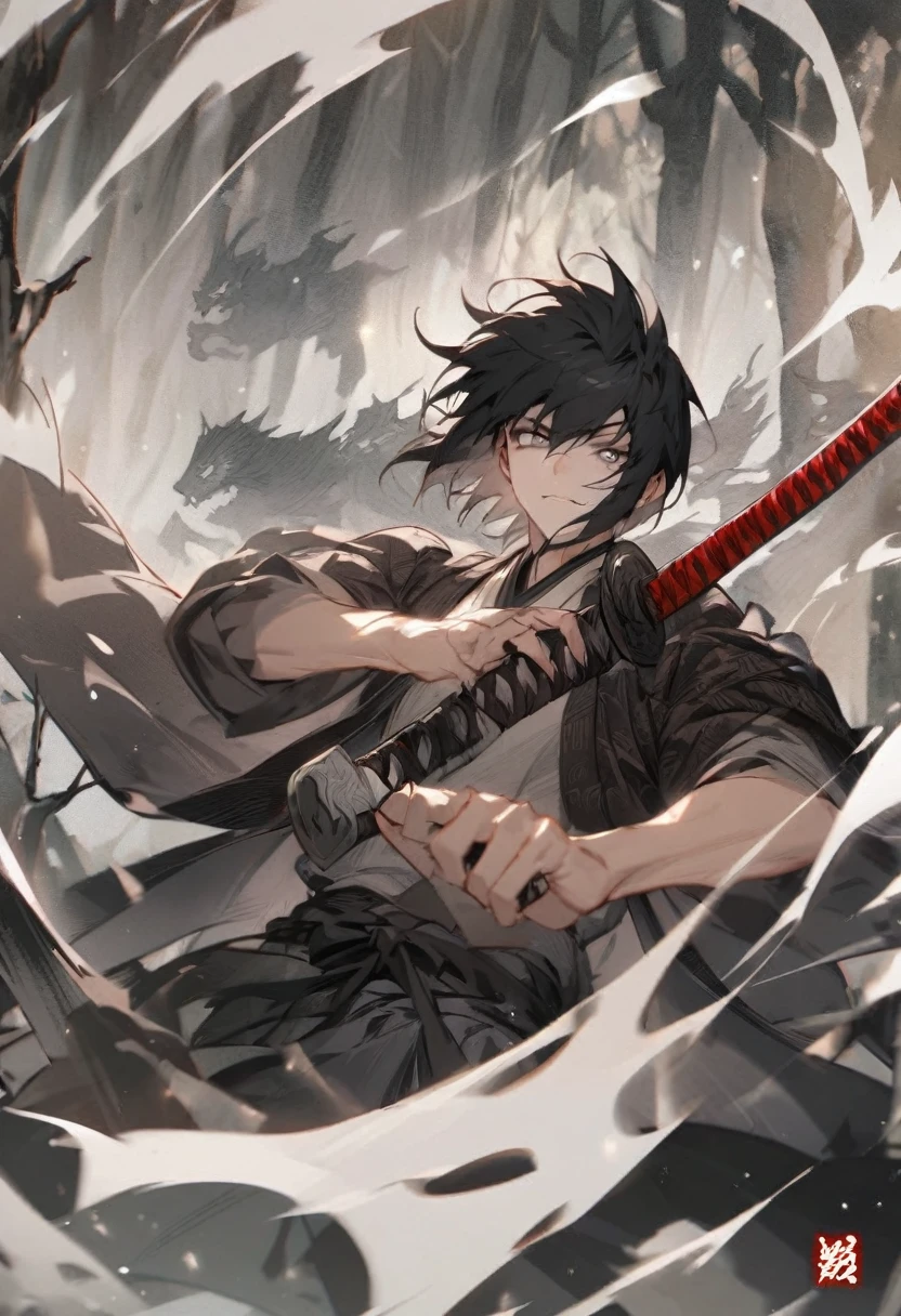 young man with calm face ,Male Dark, dark Woods,Red & Black colors, pale eye, samurai dnd, ronin background, hold katana in right hand