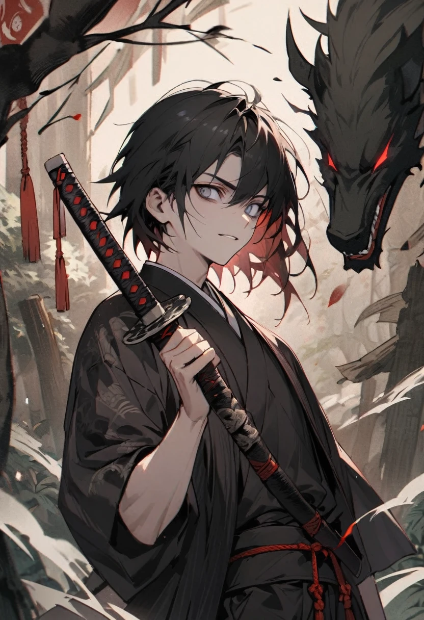 young man with calm face ,Male Dark, dark Woods,Red & Black colors, pale eye, samurai dnd, ronin background, hold katana in right hand