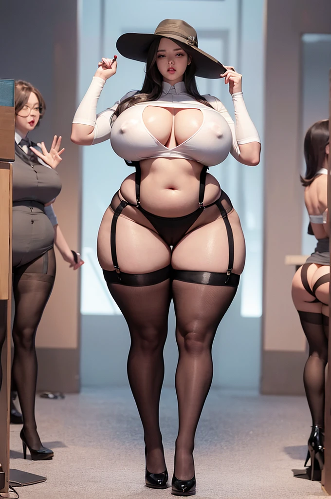 A curvaceous, cute and skinny super large biggest thick ass realist secretary with legs apart, dressed in a sexy tight-fitting suspender belt that hugs her voluptuous large and thick hips and round huge thick ass . perky breasts, . pantyhose, big and thick and ass, large and thick hips.