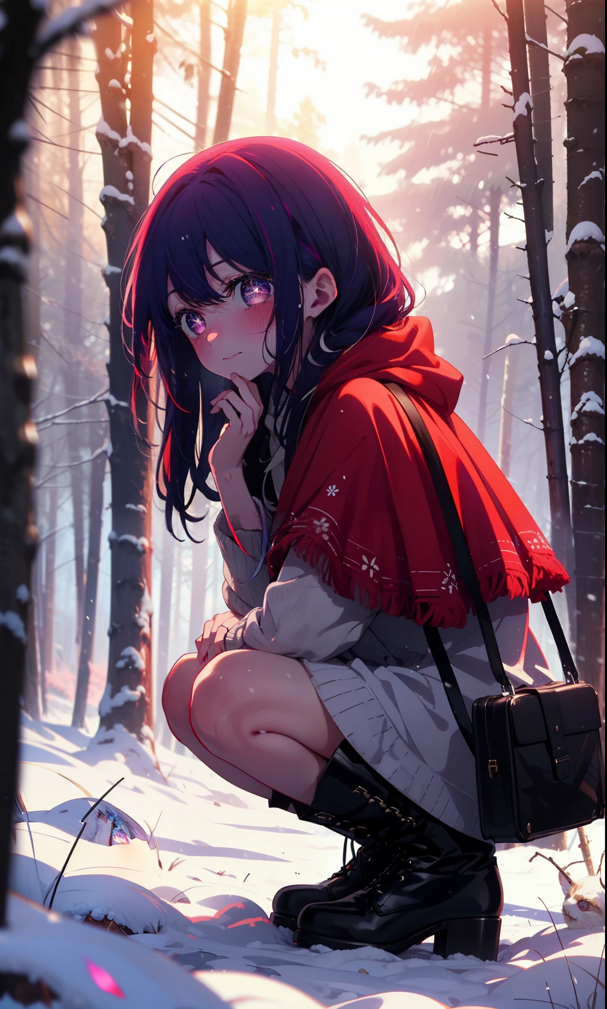aihoshino, Ai Hoshino, Long Hair, bangs, (Purple eyes:1.1), Purple Hair, (Symbol-shaped pupil:1.5), smile,,smile,blush,White Breath,
Open your mouth,snow,Ground bonfire, Outdoor, boots, snowing, From the side, wood, suitcase, Cape, Blurred, , forest, White handbag, nature, Squat, Mouth closed, Cape, winter, Written boundary depth, Black shoes, red Cape break looking at viewer, Upper Body, whole body, break Outdoor, forest, nature, break (masterpiece:1.2), Highest quality, High resolution, unity 8k wallpaper, (shape:0.8), (Beautiful and beautiful eyes:1.6), Highly detailed face, Perfect lighting, Highly detailed CG, (Perfect hands, Perfect Anatomy),