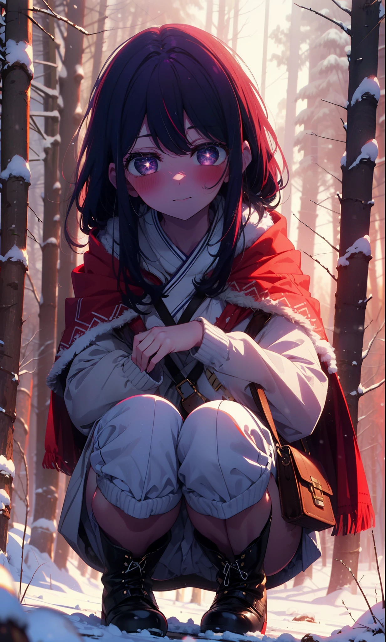 aihoshino, Ai Hoshino, Long Hair, bangs, (Purple eyes:1.1), Purple Hair, (Symbol-shaped pupil:1.5), smile,,smile,blush,White Breath,
Open your mouth,snow,Ground bonfire, Outdoor, boots, snowing, From the side, wood, suitcase, Cape, Blurred, , forest, White handbag, nature, Squat, Mouth closed, Cape, winter, Written boundary depth, Black shoes, red Cape break looking at viewer, Upper Body, whole body, break Outdoor, forest, nature, break (masterpiece:1.2), Highest quality, High resolution, unity 8k wallpaper, (shape:0.8), (Beautiful and beautiful eyes:1.6), Highly detailed face, Perfect lighting, Highly detailed CG, (Perfect hands, Perfect Anatomy),