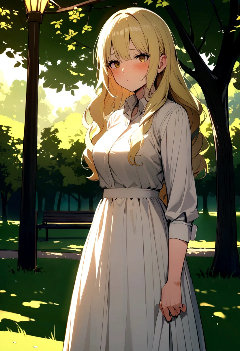 A 45-year-old blonde woman with a slightly tired face stands in the park 