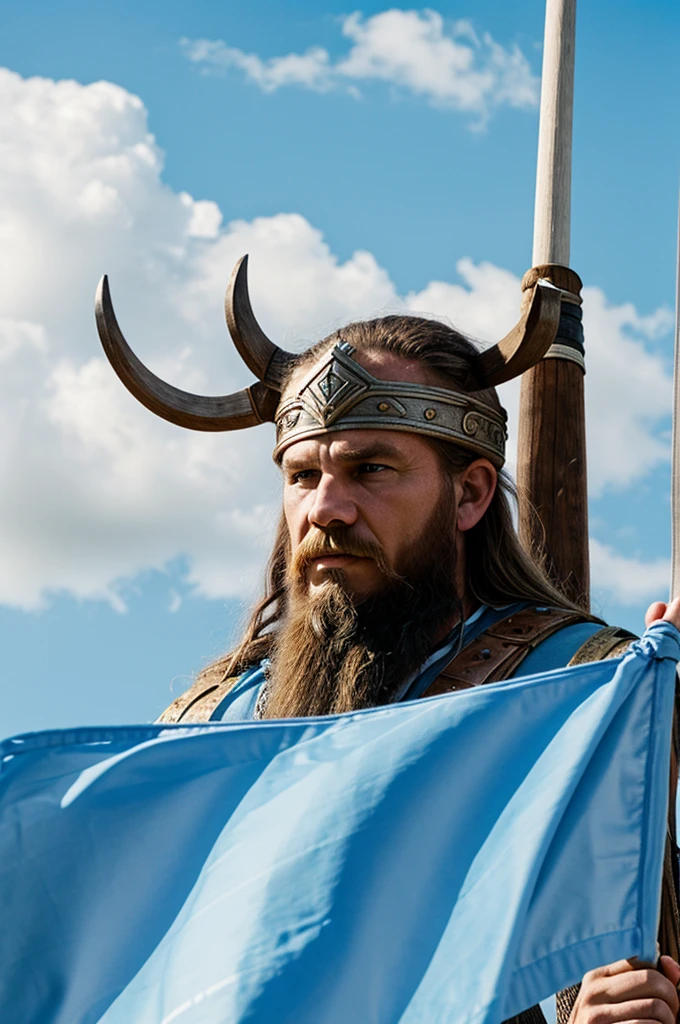 Viking with a light blue and white flag
