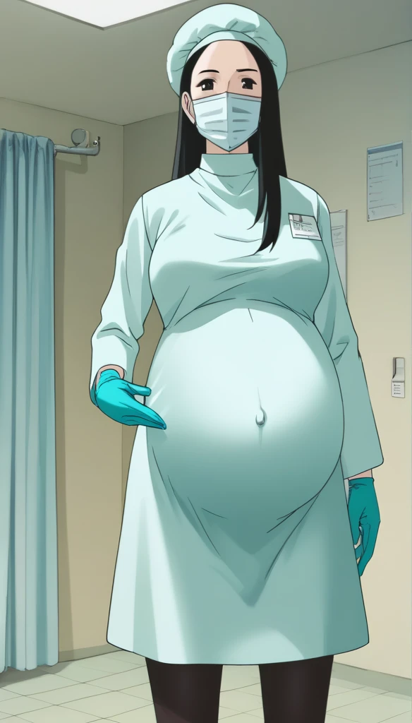 score_9,  score_8_up, score_7_up, source_anime, raw image, masterpiece, highest quality, natural light, patient room background, kasuganoray, good shape, pale skin, shy eyes, big breasts, scrubs, surgical mask, bouffant cap, long sleeve coat pregnancy doctor, long sleeve maternity dress, long sleeve pregnant dress, long stockings,
1girl, pregnant, solo, rubber gloves, looking down, furrowed brow, hospital bed, standing, even though she's pregnant she has a good figure, 