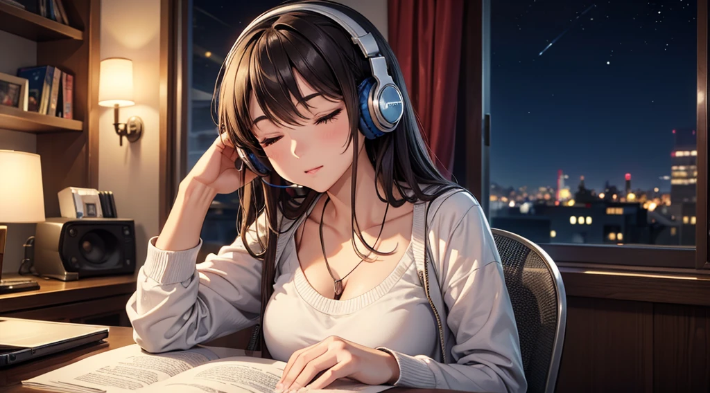 Girl with headphones enjoying music in a home I am studying Emphasize a little bit of the big chest Looking towards me with eyes closed Night Background