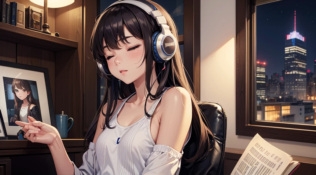 Girl with headphones enjoying music in a home I am studying Emphasize a little bit of the big chest Looking towards me with eyes closed Night Background