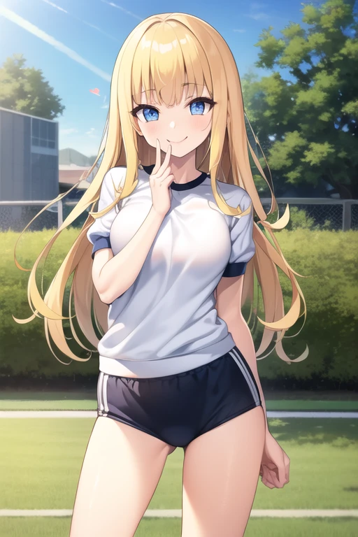 Bloomers, 黒Bloomers, (White short-sleeved gym uniform), School, Ground, sports festival, sports meeting, ((Highest quality)), ((masterpiece)), (detailed), Perfect Face, Perfect Arms, Perfect hands, Perfect Fingers, anime, Ultra-fine illustration, ((1 person)), 16-year-old girl, (Smile:1.2), (Open your mouth), ((Put your hand to your mouth)), Blue Eyes, Blonde, Berry Shortcut, Bangs, Glamorous figure, Cowboy Shot, Outdoor, 