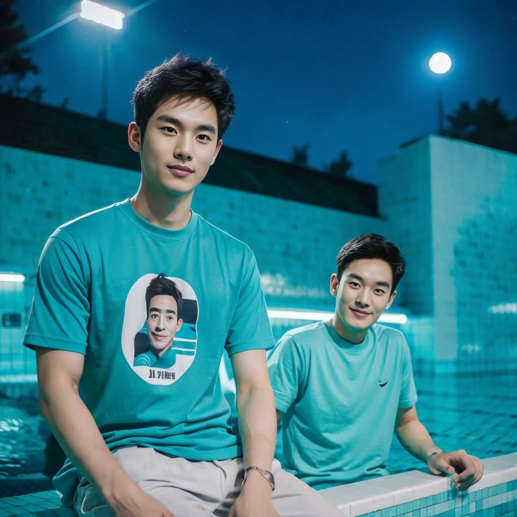 独奏:1.3 ,Korean man, Inspiration from Peng Yuyan,  23 years old, Cute Korean Face, 35 yo, 33 year old Korean muscular man，Sitting near the swimming pool green t-shirt Night light view, half moon, Blue lights under the swimming pool, lantern light,