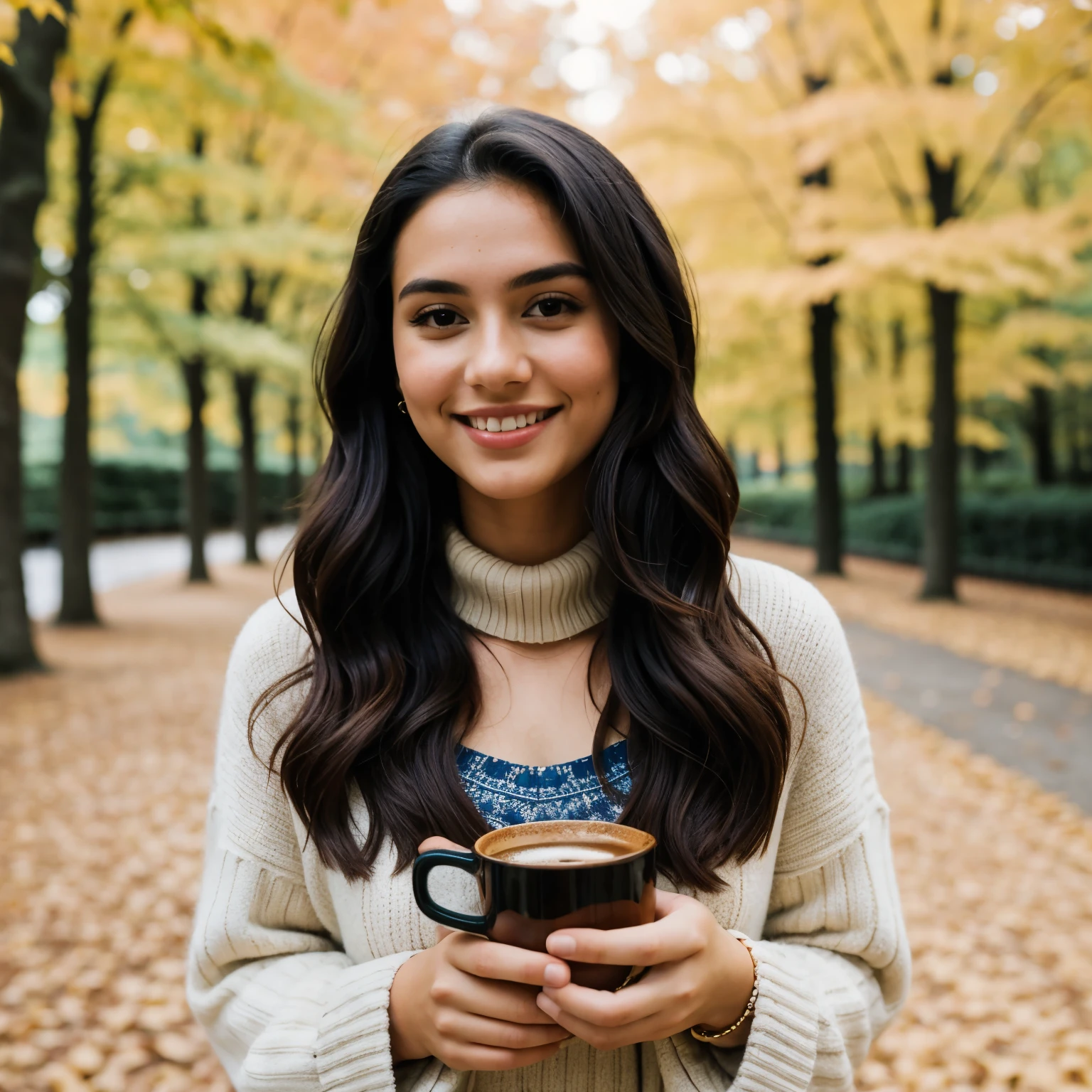 ((best quality)), ((masterpiece)), (detailed), full body portrait of a young latin woman with wavy dark hair, flawed skin and a slender body type, in cozy autumn attire, holding a cup of coffee in a leafy park , looking in the camera ,shot with Sony Alpha A6500 1.4f, bokeh, highly detailed, masterpiece, perfect hands, perfect face, five fingers,