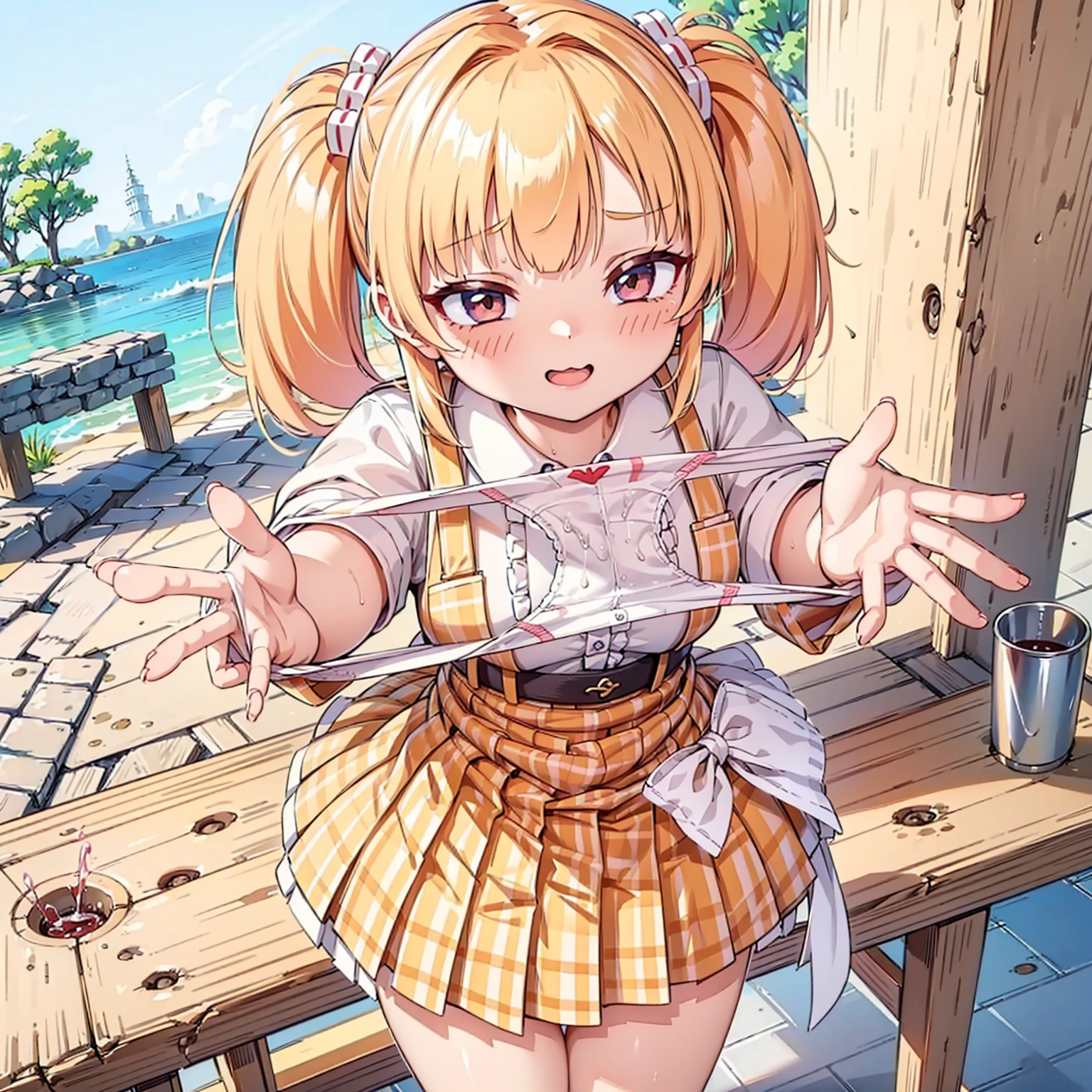 bionde, {{{Half Twin Tail:1.3}}}、shirt, blush, white shirt, hair ornaments, Manicure, Plaid skirt, Pleated skirt,
,Pay attention to the panties,
Looking down,View your audience,Panties as a gift,Tabletop, Highest quality, Perfect Skin, Detailed skin texture, Super detailed, 8K, Intricate details, Beautifully detailed face,High resolution,
Looking down at the viewer, masterpiece, (Panties are stained with pee)、(Pussy、Love Juice)、(body odor),perfect hands,(((1 girl,alone)))