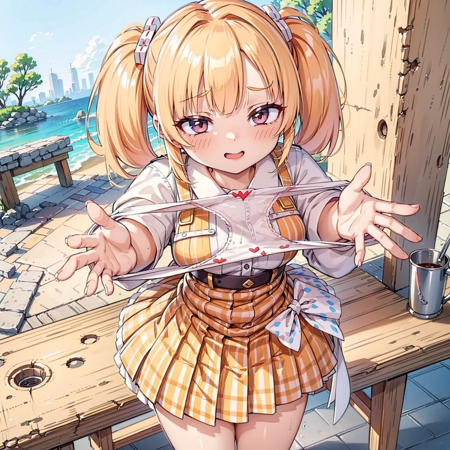 bionde, {{{Half Twin Tail:1.3}}}、shirt, blush, white shirt, hair ornaments, Manicure, Plaid skirt, Pleated skirt,
,Pay attention to the panties,
Looking down,View your audience,Panties as a gift,Tabletop, Highest quality, Perfect Skin, Detailed skin texture, Super detailed, 8K, Intricate details, Beautifully detailed face,High resolution,
 Looking down at the viewer, masterpiece, (Panties are stained with pee)、(Pussy、Love Juice)、(body odor),perfect hands,(((1 girl,alone)))