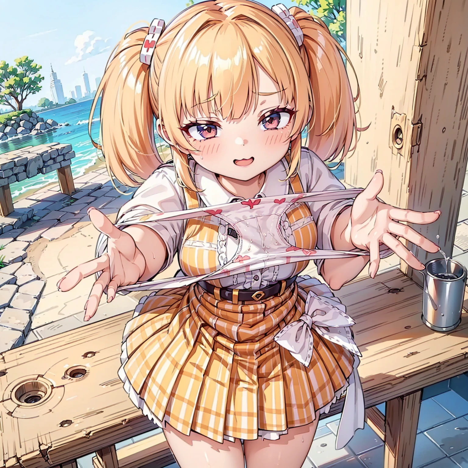 bionde, {{{Half Twin Tail:1.3}}}、shirt, blush, white shirt, hair ornaments, Manicure, Plaid skirt, Pleated skirt,
,Pay attention to the panties,
Looking down,View your audience,Panties as a gift,Tabletop, Highest quality, Perfect Skin, Detailed skin texture, Super detailed, 8K, Intricate details, Beautifully detailed face,High resolution,
Looking down at the viewer, masterpiece, (Panties are stained with pee)、(Pussy、Love Juice)、(body odor),perfect hands,(((1 girl,alone)))