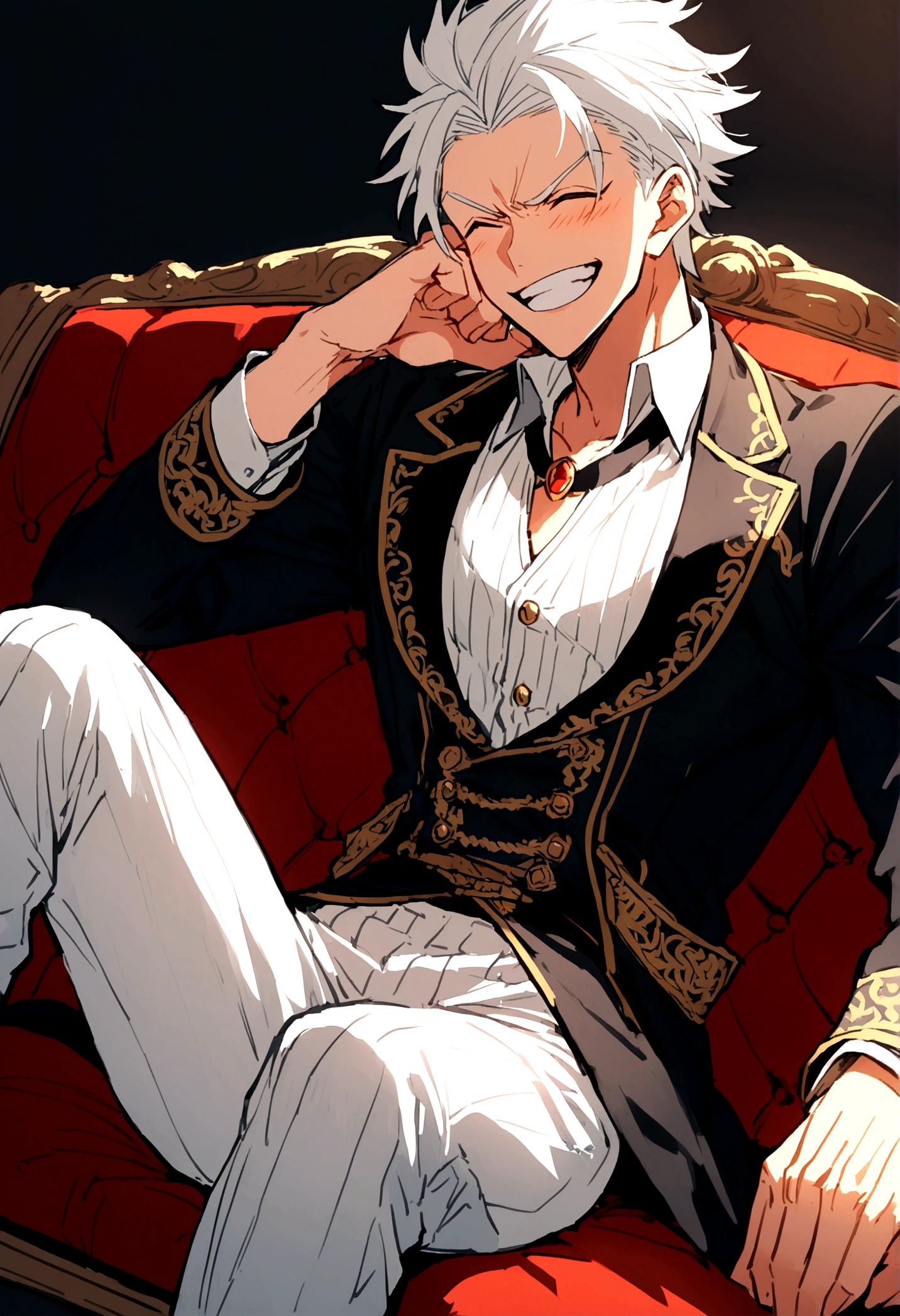25 years old anime man with white hair, sitting on a couch, laughing 
