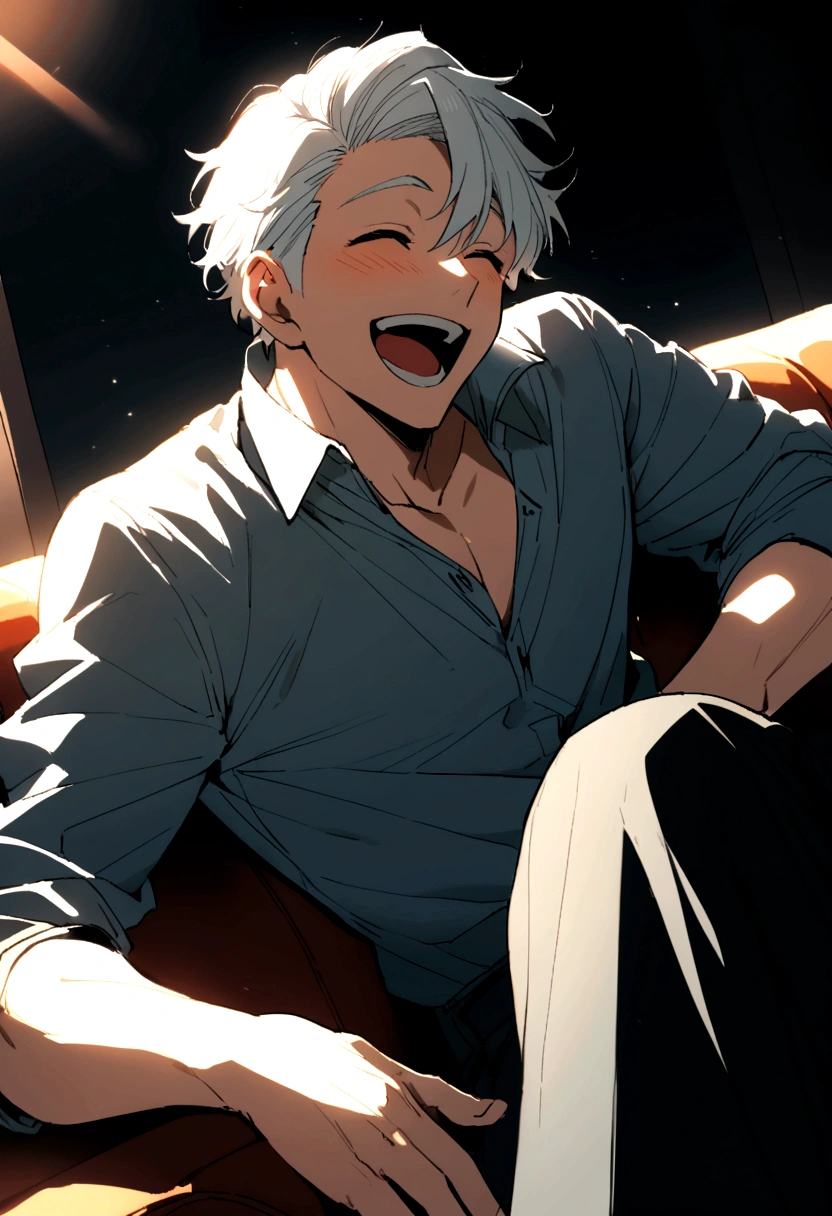 A tall man，White hair and white shirt，Climb out of a deep pit，Covered in dirt，With an awkward wry smile on his face。, 8K, Super detail, ccurate, Best quality, 巨作