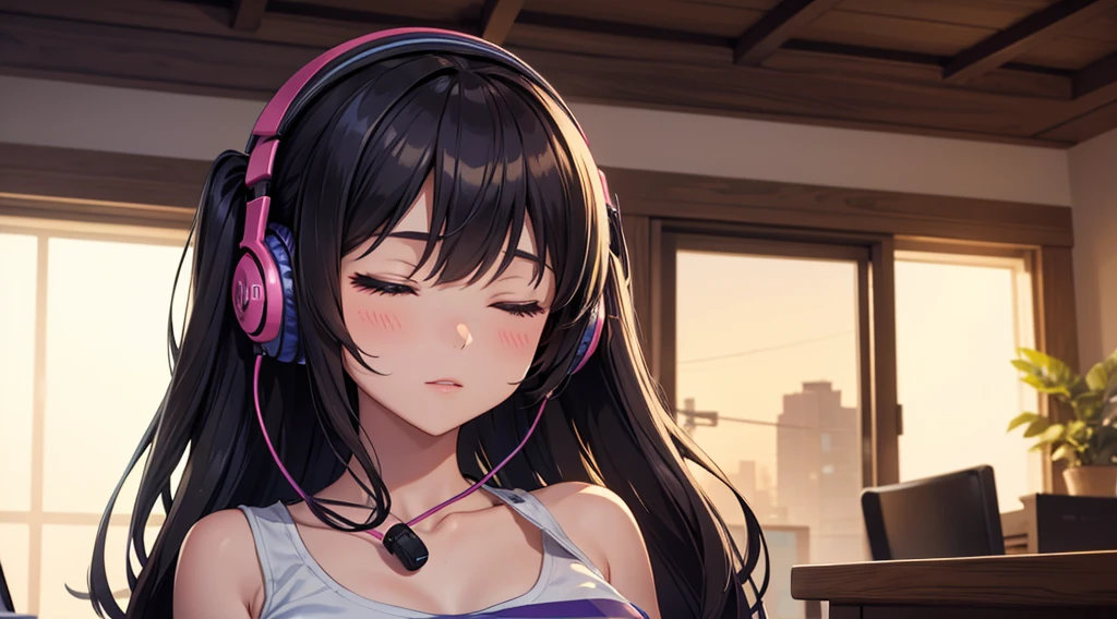 Girl with headphones enjoying music in a home　I am studying　Emphasize a little bit of the big chest　Looking towards me with eyes closed　Night Background