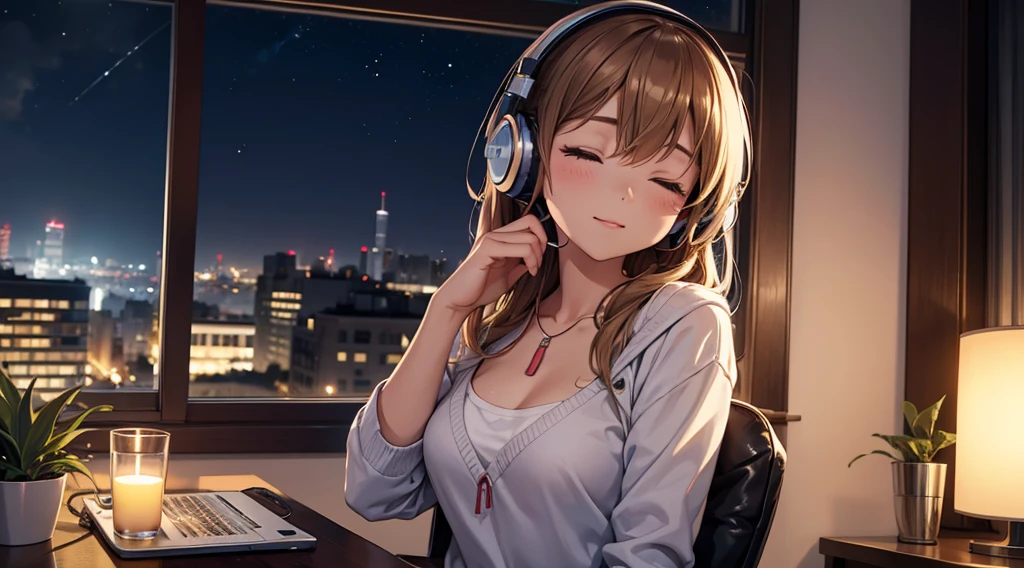 Girl with headphones enjoying music in a home I am studying Emphasize a little bit of the big chest Looking towards me with eyes closed Night Background