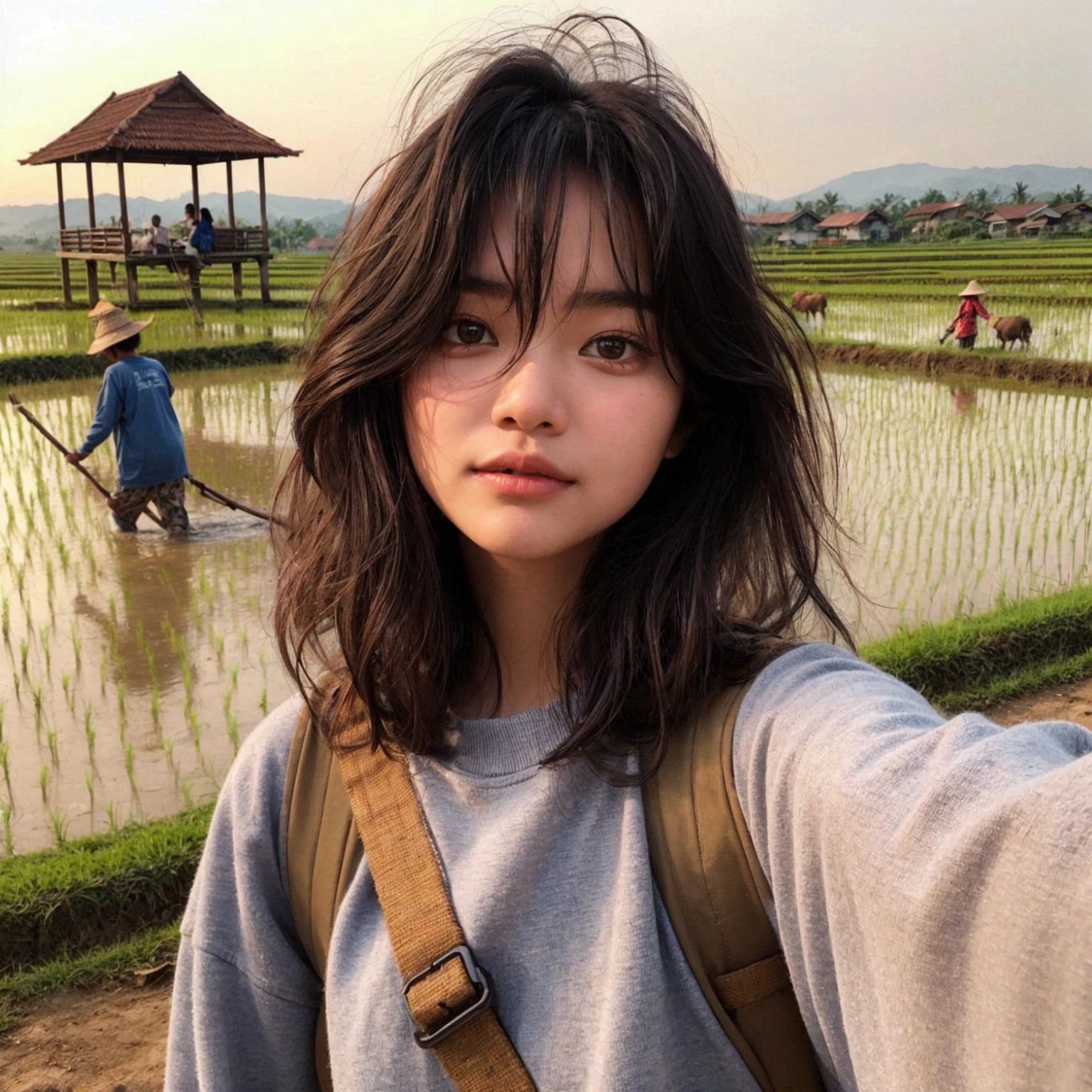 realistic selfie photo. a young Indonesian girl aged 16 years, medium messy hair style, wear a long-sleeved t-shirt, carry a shoulder bag. In the background of rural rice fields, people can be seen plowing the fields, there is a gazebo where you can rest, scarecrows and one beautiful mountain, bright sky, Indonesian morning atmosphere. UHD. masterpiece
