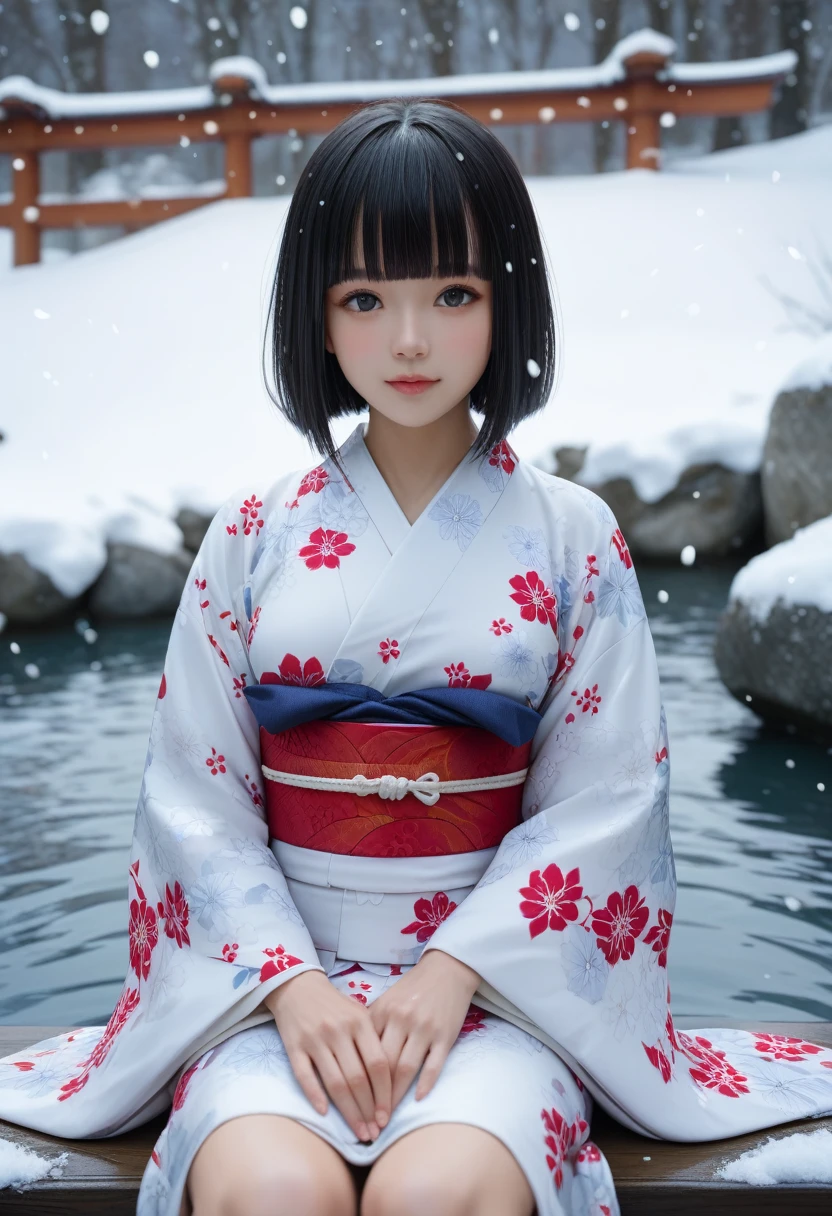 score_9, score_8_up, score_7_up, 1girl, solo, looking at viewer, short hair, blunt bangs, black eyes, beautiful detailed eyes,black hair, long sleeves, sitting, closed mouth, small breasts, outdoors, japanese clothes, wide sleeves, kimono, water, sash, obi, floral print, snow, snowing, white kimono, print kimono, break,(clear line illustration:1.2), super detailed skin,very high resolution, very aesthetic, Best sexual lighting powered by famous artist, 8k,cute picture,beauty illustration,photoshop_(medium),,(Detailed Lighting),uncensored,