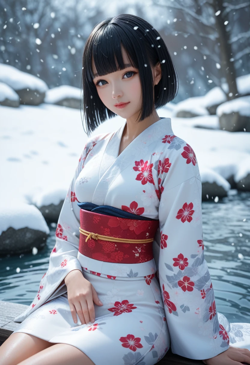 score_9, score_8_up, score_7_up, 1girl, solo, looking at viewer, short hair, blunt bangs, black eyes, beautiful detailed eyes,black hair, long sleeves, sitting, closed mouth, small breasts, outdoors, japanese clothes, wide sleeves, kimono, water, sash, obi, floral print, snow, snowing, white kimono, print kimono, break,(clear line illustration:1.2), super detailed skin,very high resolution, very aesthetic, Best sexual lighting powered by famous artist, 8k,cute picture,beauty illustration,photoshop_(medium),,(Detailed Lighting),uncensored,